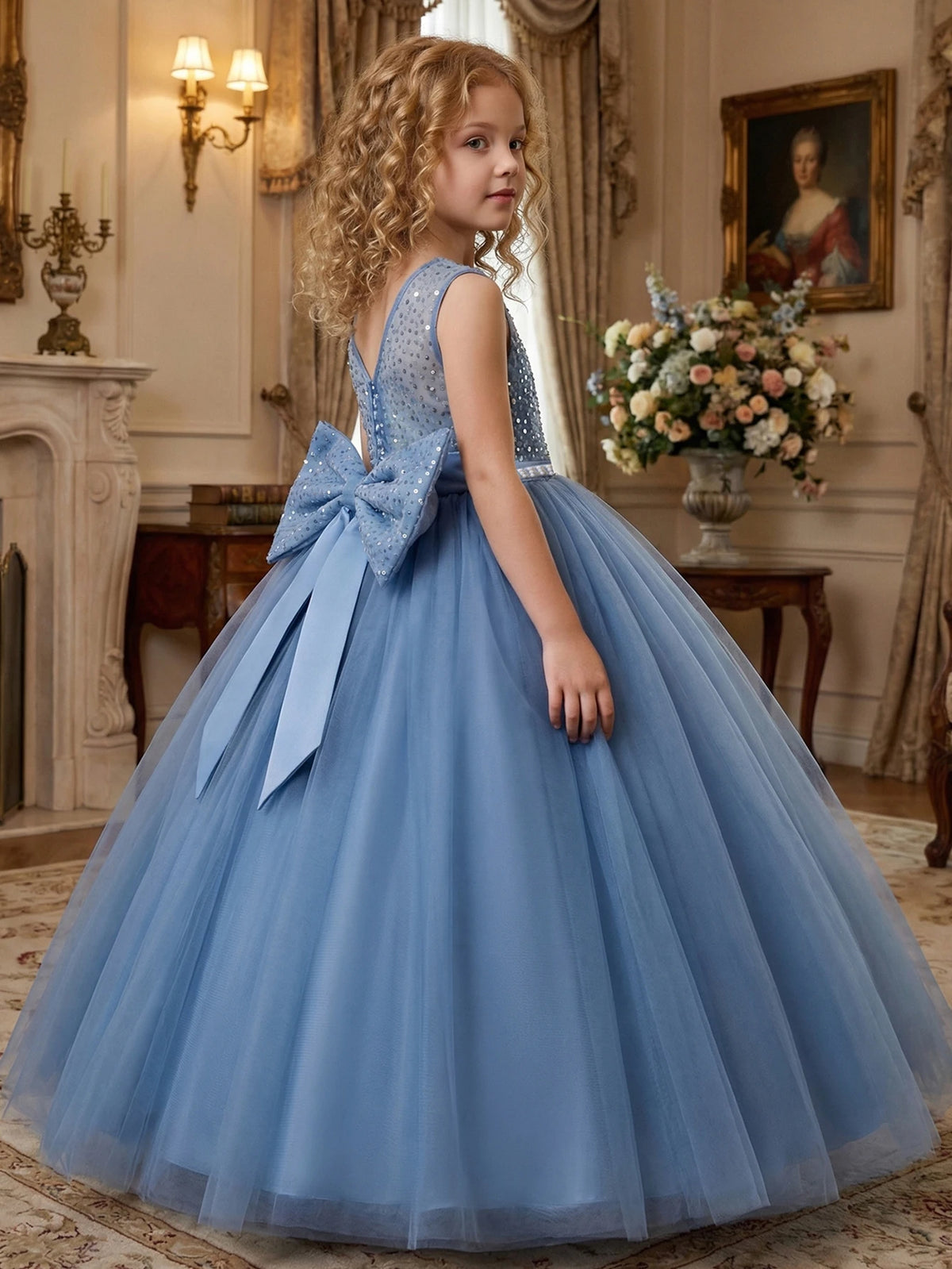 Girl Party Dress Pink Long-style Evening Dress with Large Bow V-neck A Magnificent Evening Dress, Birthday Party, Ball, Banquet