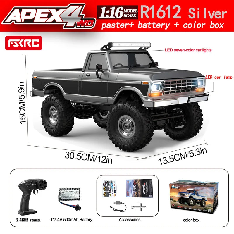 1:16 RC Car R1611 RC 4x4 Off-Road Vehicle - Full Function RC Crawler Alloy Drive Shaft  Realistic LED Headlights or Roof Light