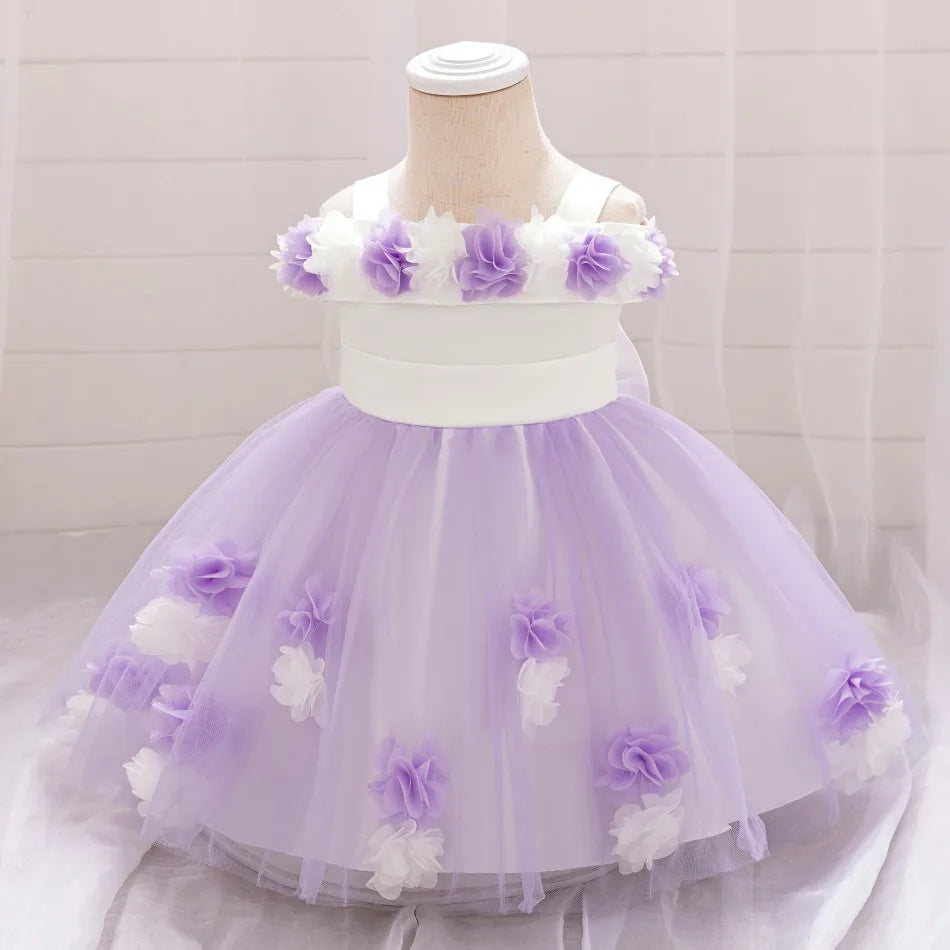 New Baby Girls 1st Princess Dress Infant Three-dimensional Flower One-word Shoulder Mesh Dress Baby Girl Performance Dress ASQ03