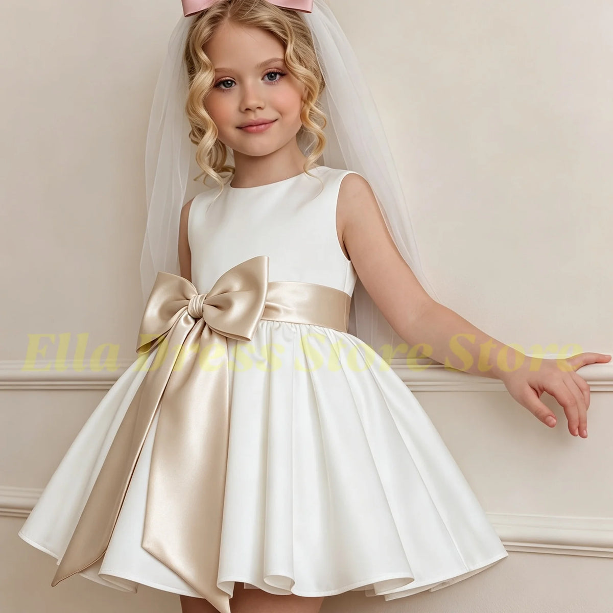 Wholesale Baby Flower Girl Dress with Bows Children Birthday Tribute Silk Satin Formal Vestidos Black Pink Kids Sleeveless Dress