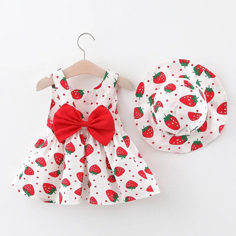 Baby Dress 2025 Summer New Girl's Sweet Bow Dress Children's Strawberry Print