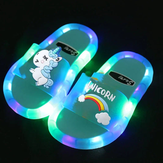 Children‘s Boys Girls Slippers Cartoon Unicorn Animals Prints Shoes Lighted