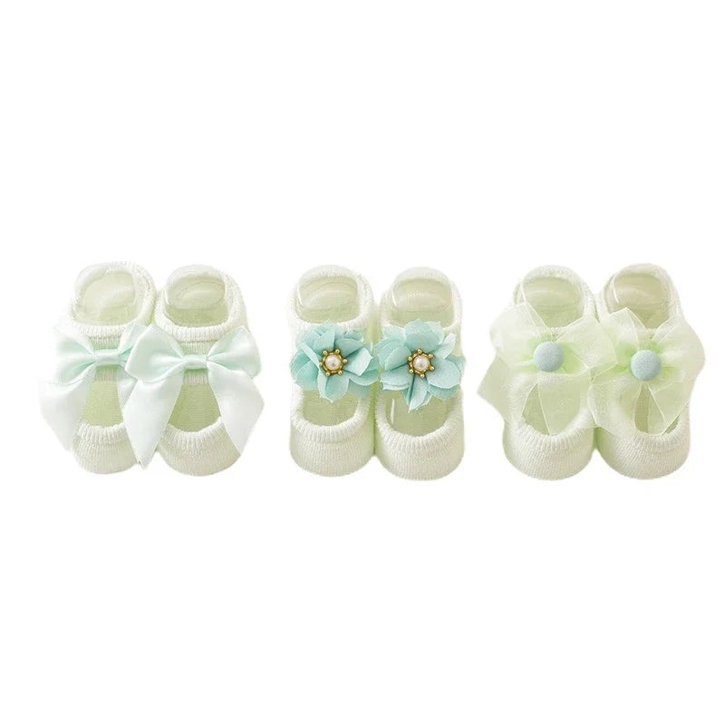 3 Pair Baby Girl Ankle Socks Lace Bow Infant Anti Slip Socks Newborn Princess Pearl Low Cut Socks Children Home Floor Shoes