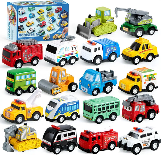 JOYFY 18 Pcs Pull Back City Cars and Trucks Toy Vehicles Set