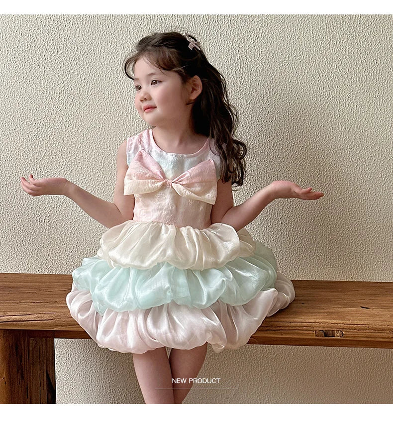 Baby Girl's Summer Dress Little  Girl Flower Bud Sleveless Dress With Bow