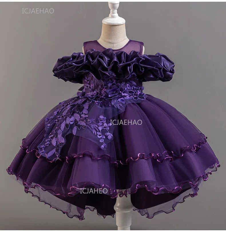 Girls Flower Girl Dress with Train Tulle Princess Gown Christmas Birthday Party Pageant Formal Dresses Kids Children Clothing