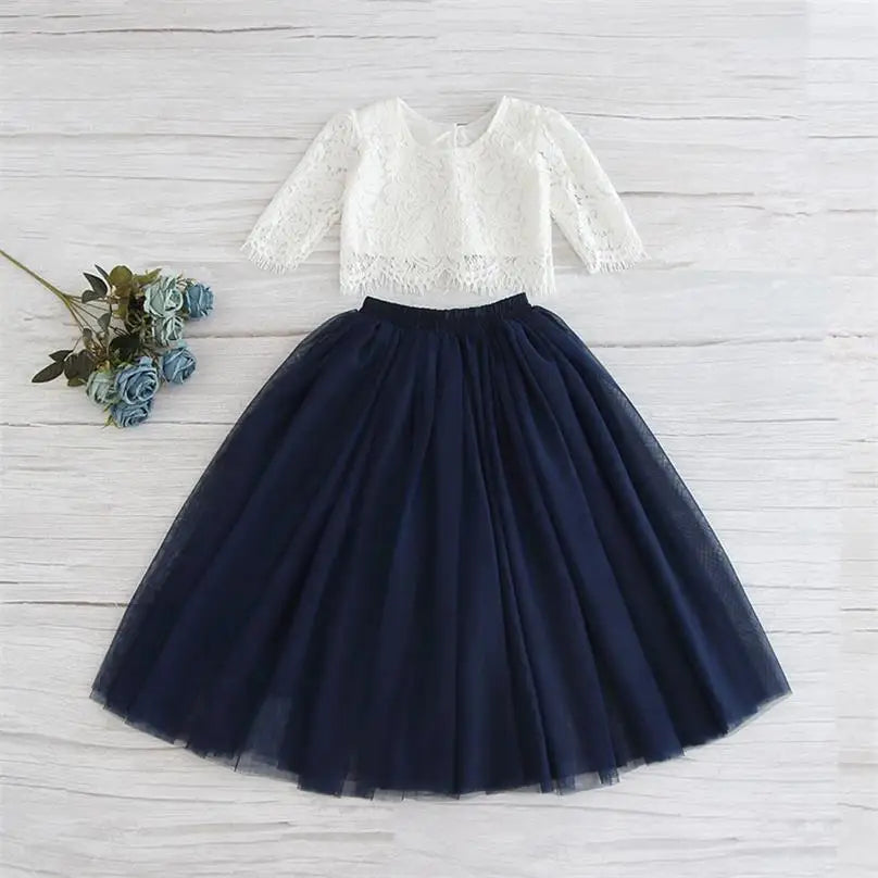 Children Set Clothing for Girls Half Sleeve Lace Top+Champagne Pink Long Skirt dress