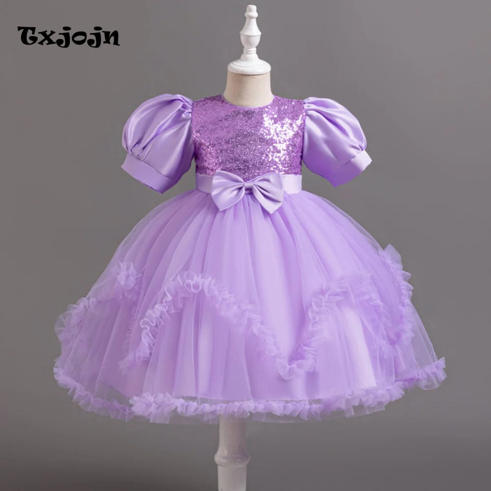 Girl's Dress 3-14 Years Old Girl's Bow Princess Dress Sequined Puff Sleeve Mesh Dress