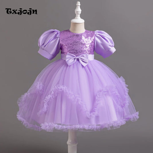 Girl's Dress 3-14 Years Old Girl's Bow Princess Dress Sequined Puff Sleeve Mesh Dress