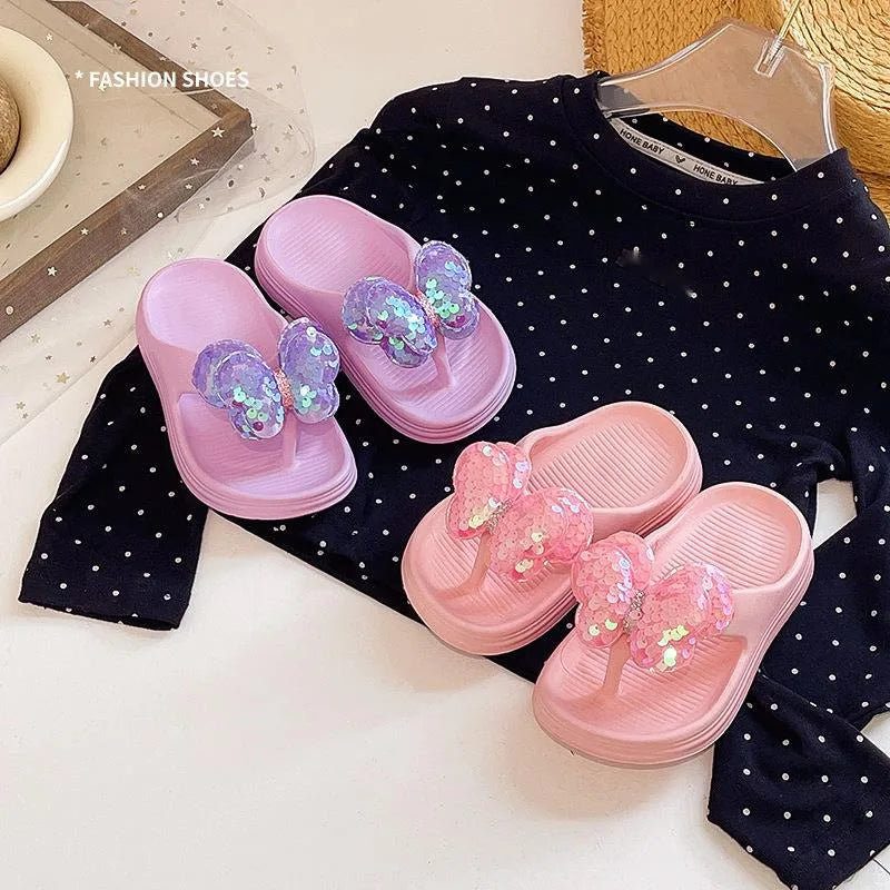 Bling Butterfly Girls Princess Slippers Summer Solid EVA Waterproof Children Flip Flops Fashion Soft Bottom Kids Beach Slippers