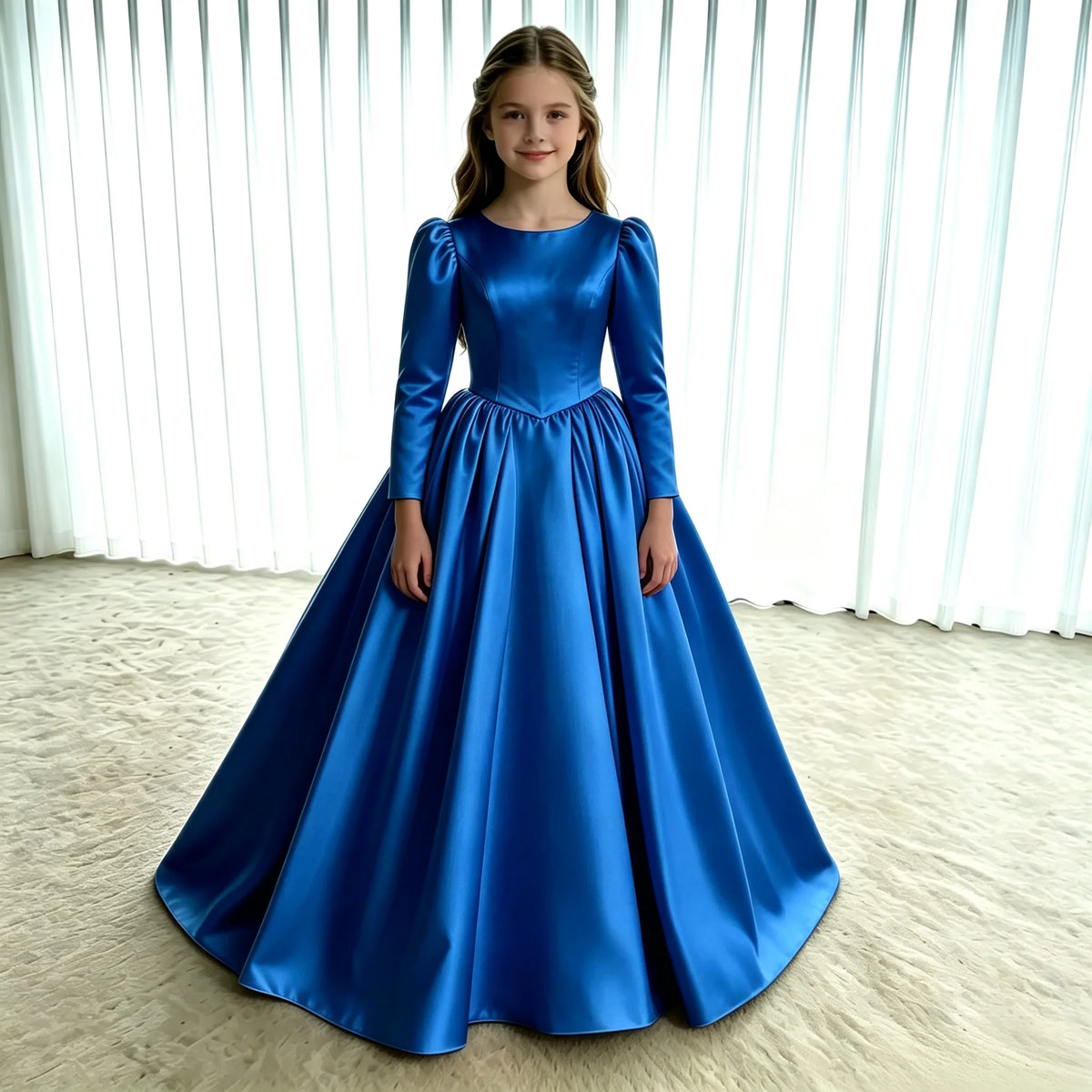 Girls First Communion Dress New Long Sleeves Satin Elegant Tail Evening Gown Girls Wedding Party Princess Dress for Juniors