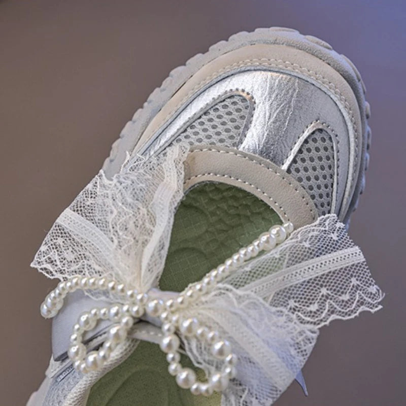 2026 Summer Kids Sport Sneakers for Girl Pearl Lace Mary Jane Flats Lightweight Non-Slip