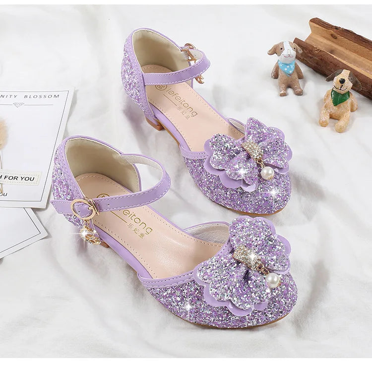 Girls' High Heels Fashion New Sequin Bow Shoes Children's Dance Single Shoes