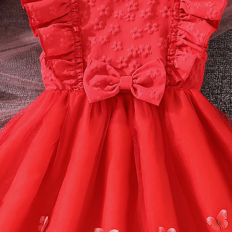Dress For Girls Yellow O-Neck Fly-Sleeve Tulle Bowknot