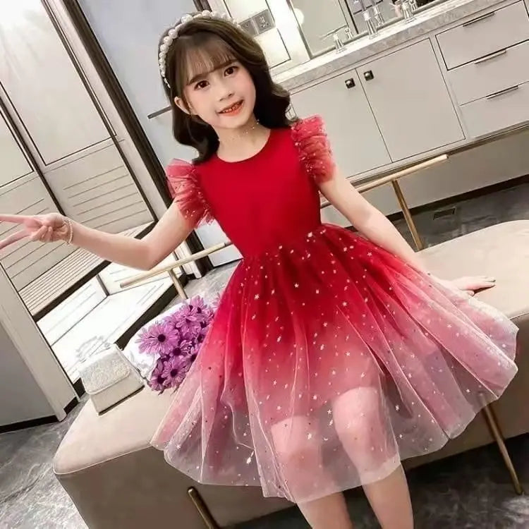 Summer Sleeveless Fashion Gauze Dress Girls Starry Sky Gradient Princess Dress