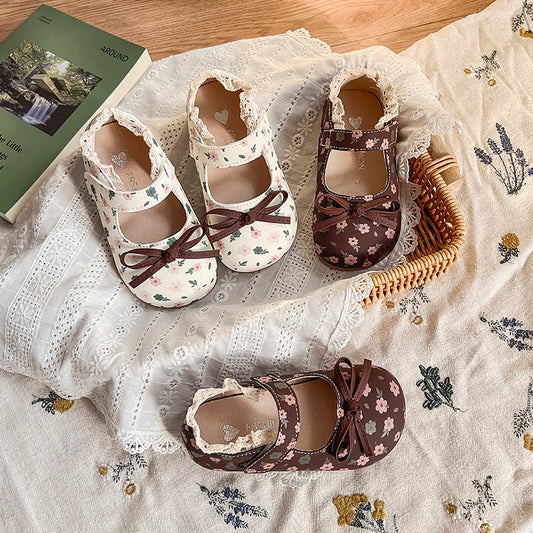 Spring Girl's Princess Shoes Floral Adorable Versatile Kids Flat Shoe Round Toe Soft Comfy Trendy Children Mary Janes 21-32
