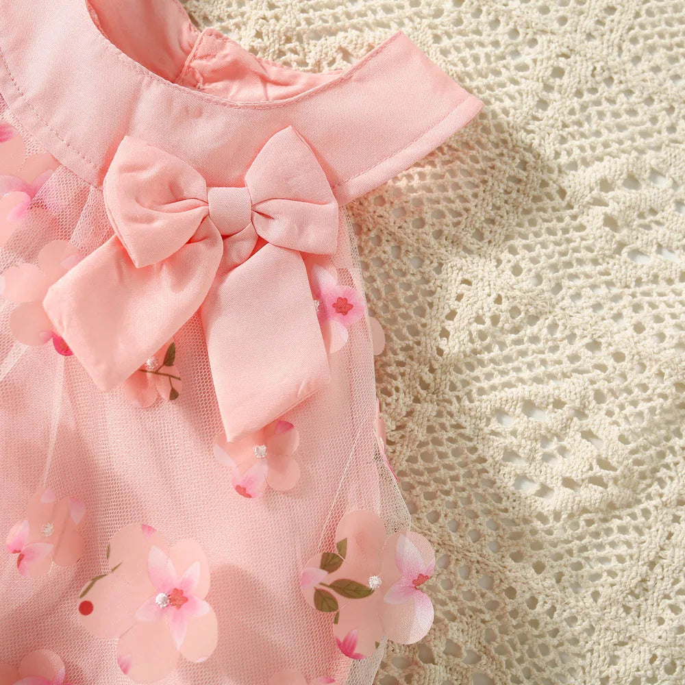 (0-3 Years Old) Summer Mesh All Over Flower Bow Baby Girl Dress