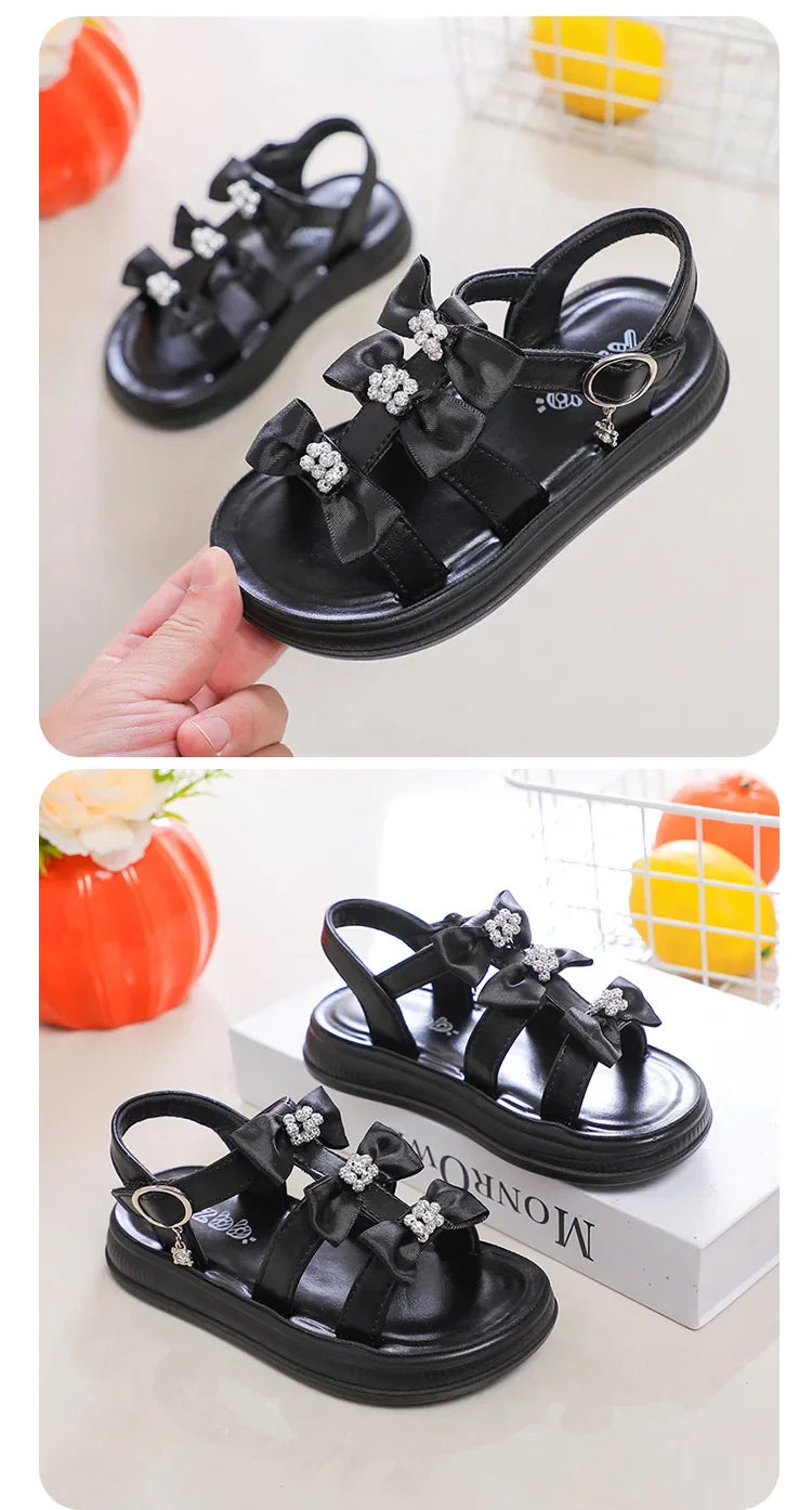 Girls Beach Shoes with Sweet Bows Soft Sole Kids Sandals Versatile 2025 Summer New Children Princess Shoes