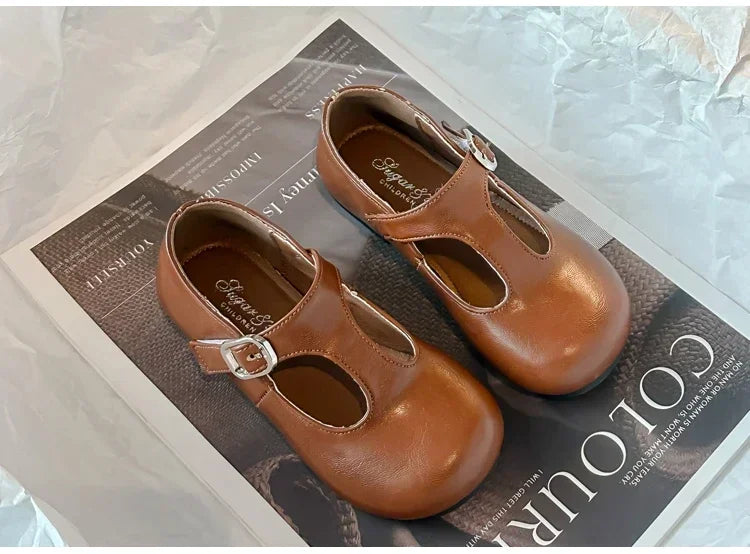 Girls Princess Shoes Black Round Toes 2025 New Fashion Kids Performance Shoes Pu Leather Non-slip Children Flat Shoes Hook&loop