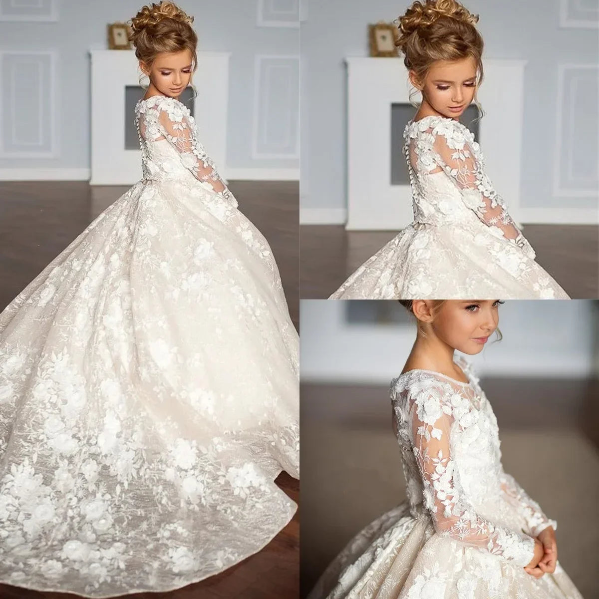 White Flower Girl Dresses for Wedding Floral Lace Appliques Floor Length