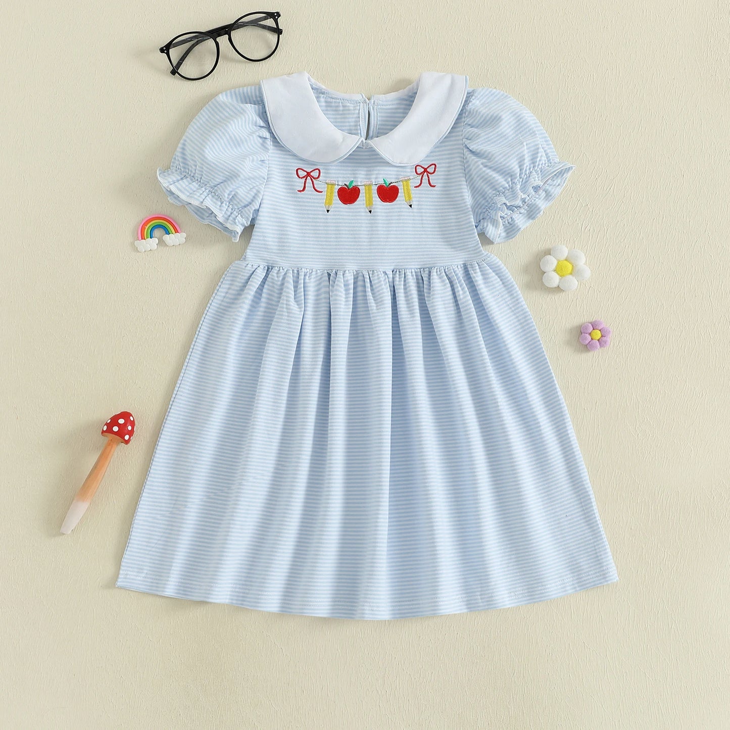 Striped Floral Print Back to School Dress with Bow Detail and Peter Pan Collar Short Sleeve A-line Dress Adorable Toddler