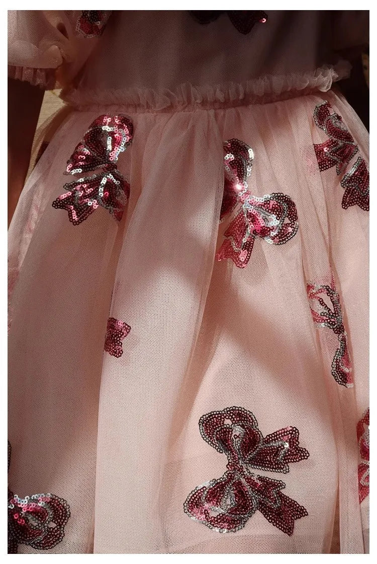 Girls' Dress 2025 Summer Danish New Cute and Fashionable Bow Sequin Princess Dress