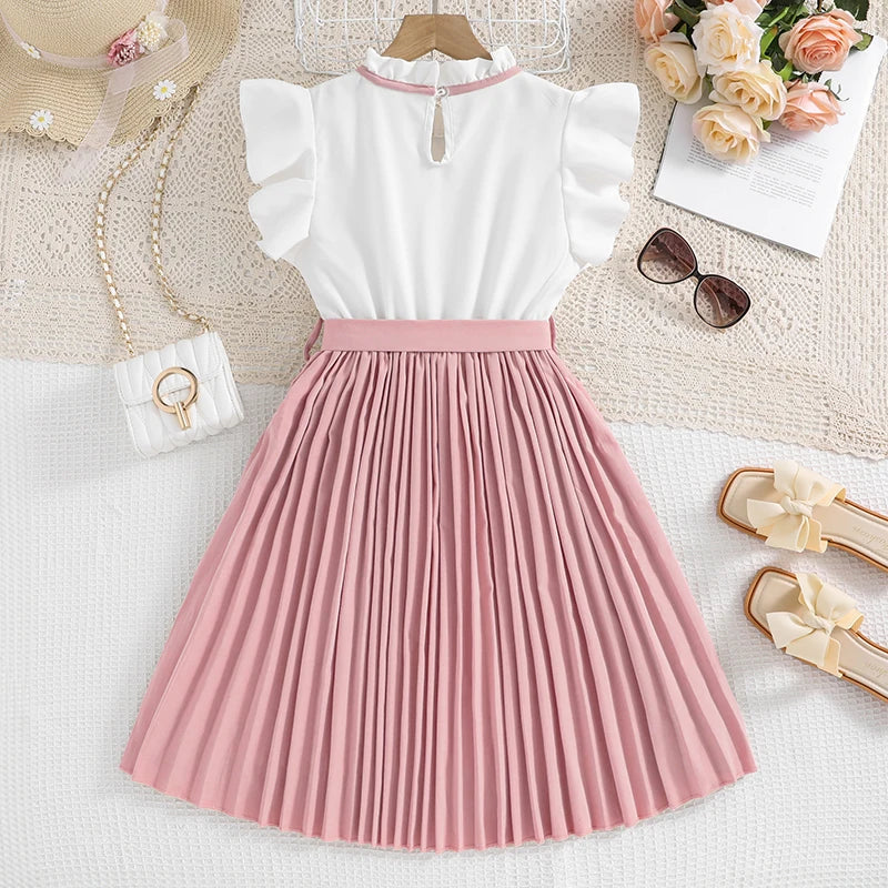 Emma Kids Dress for Girls with Pleated Skirt and Bow Tie