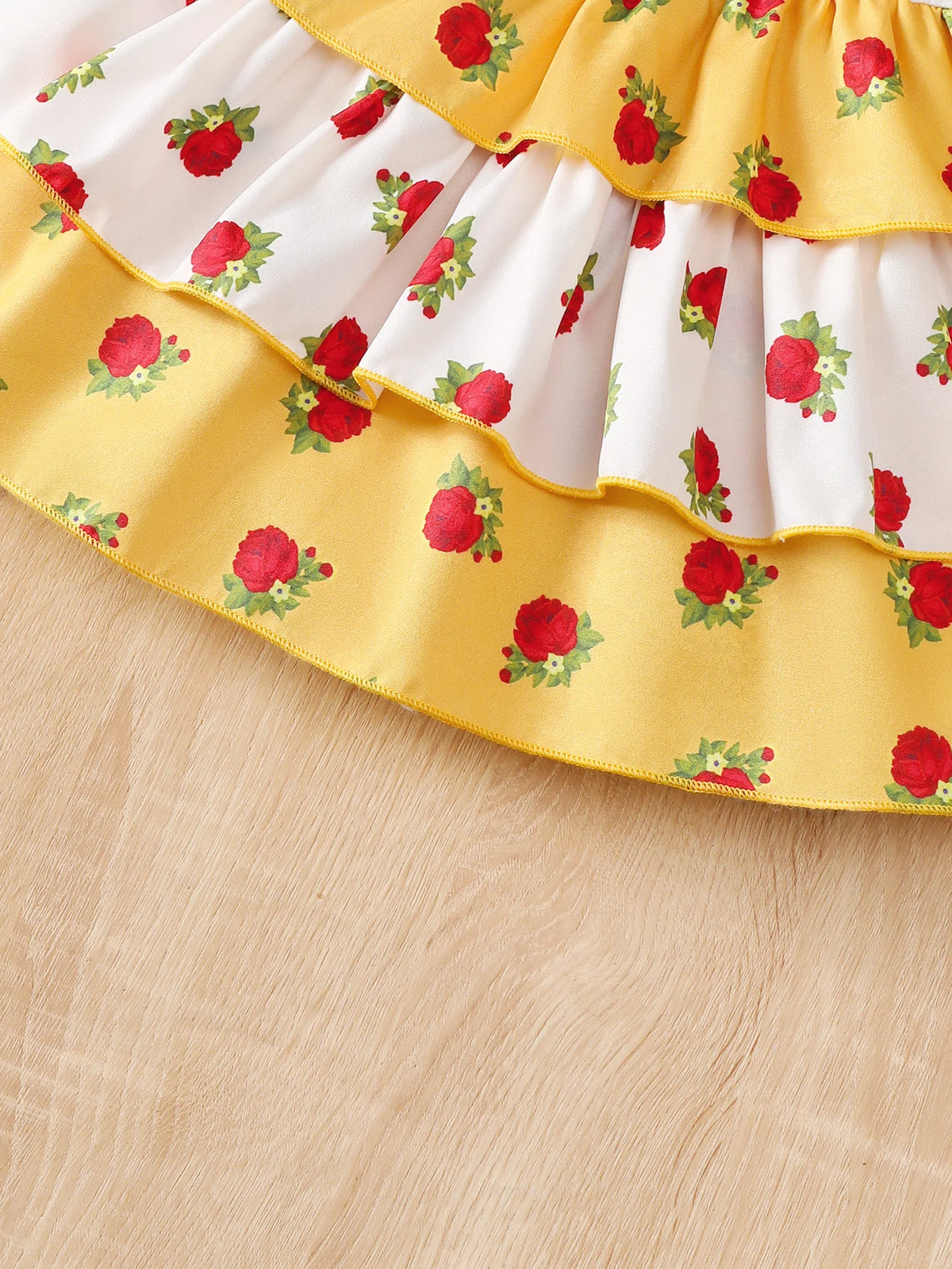 Baby Girl Dress, Comfortable and Versatile, Cute Sleeveless Strap Dress with Bow and Floral Print, Elegant Cake Dress + Crossbody Bag 2-Piece Set
