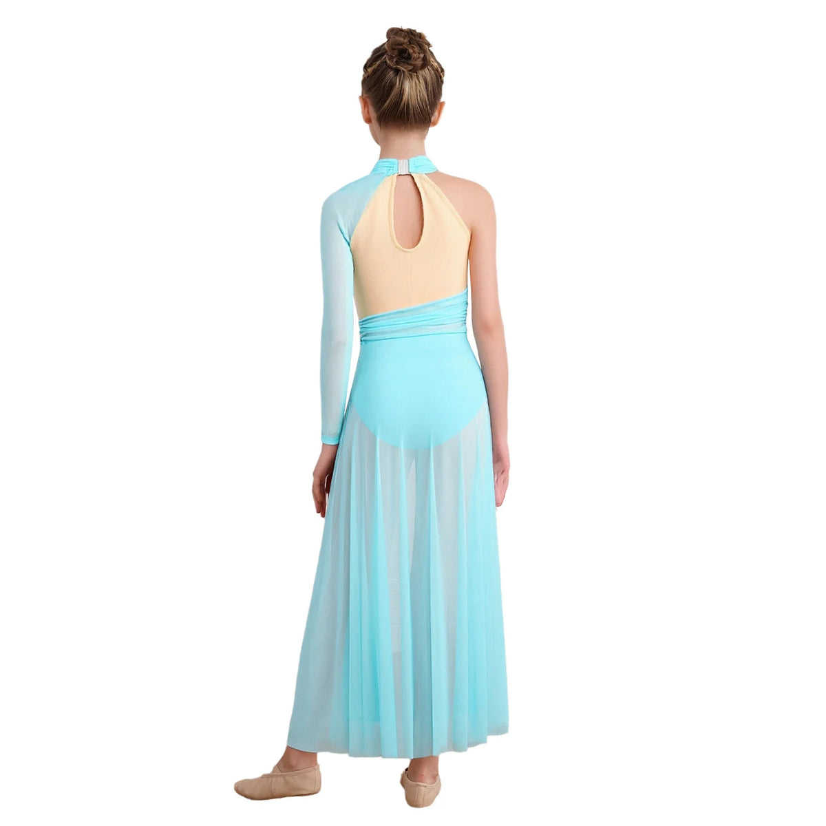 Girls Delicate 3D Flower Lyrical Dance Dress Asymmetrical Ruched Long Dress Gymnastics Modern Dance Clothes Performance Dress