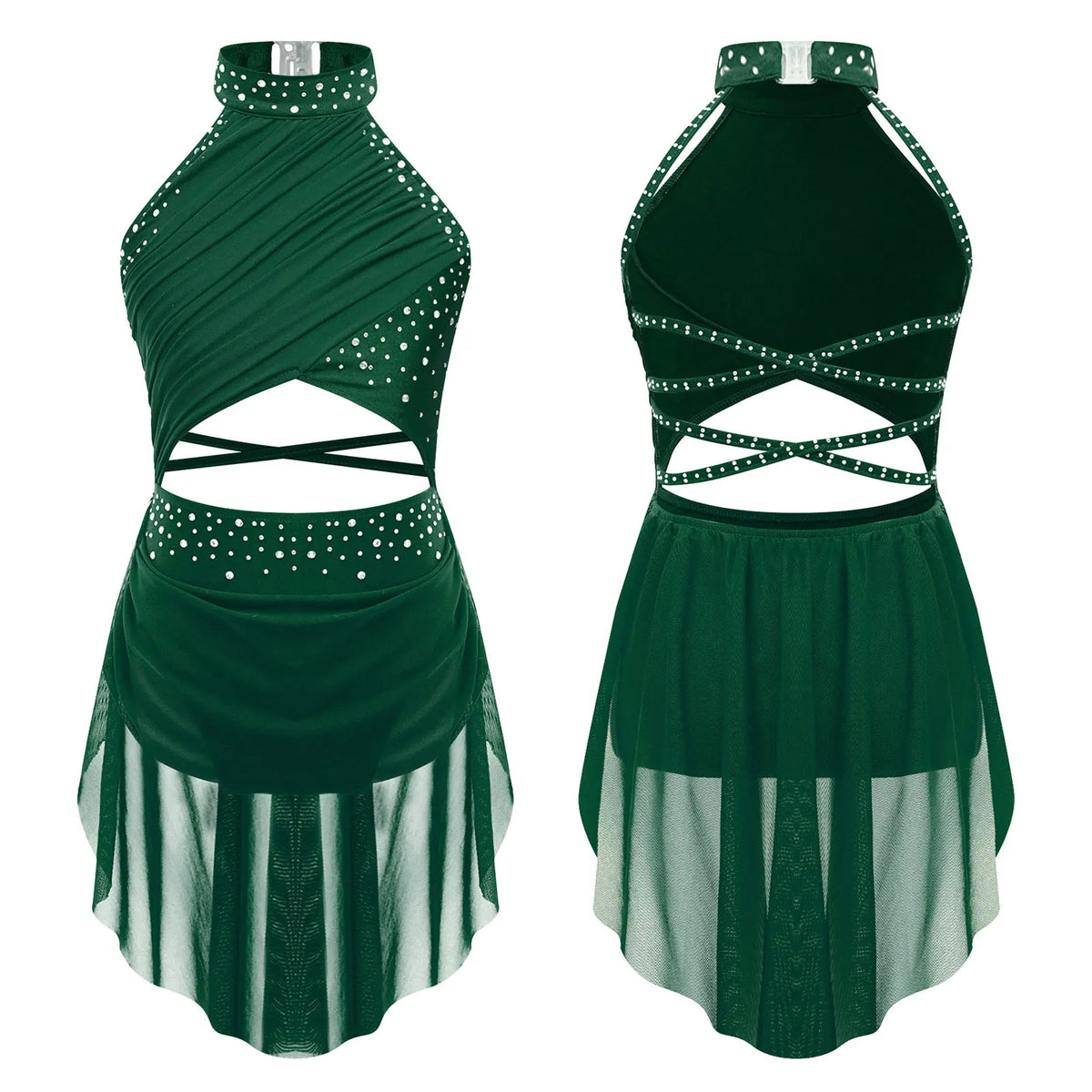 Girls Modern Lyrical Jazz Dance Dress Ballet Gymnastics Skating Performance Costume Kids Cut Out Dancing Leotard Tutu Skirted