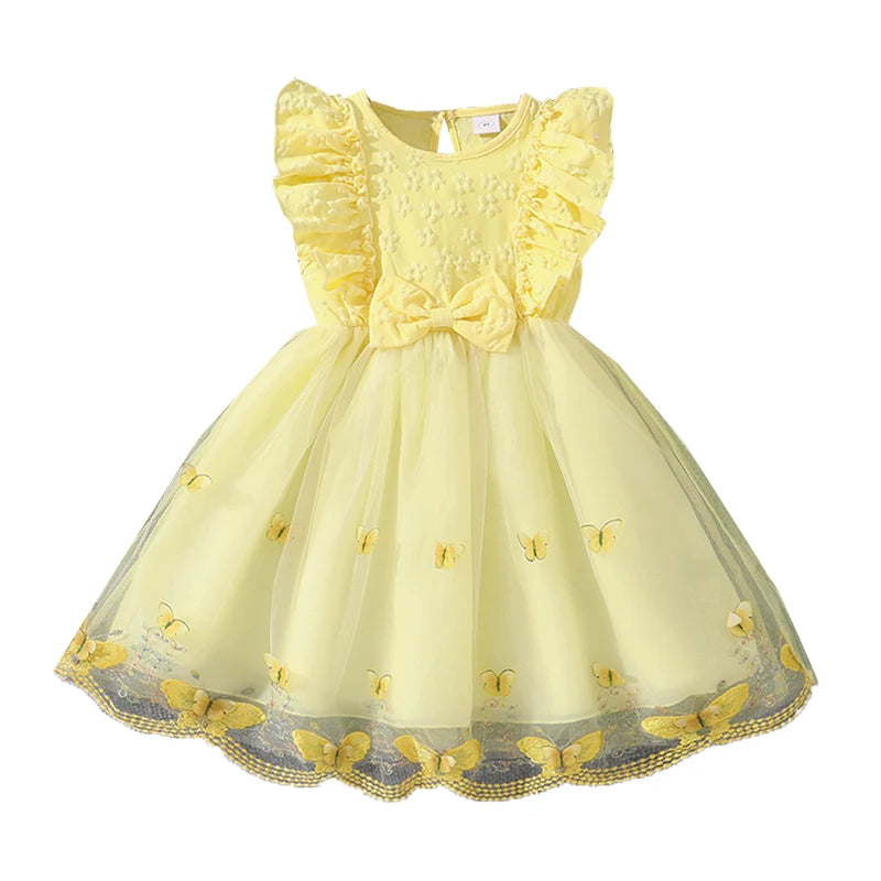 Dress For Girls Yellow O-Neck Fly-Sleeve Tulle Bowknot