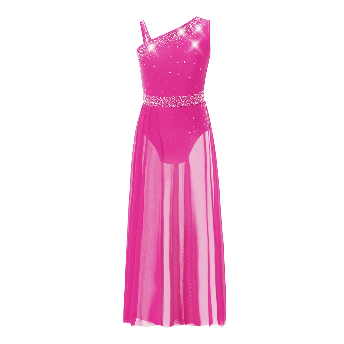 Girls Delicate 3D Flower Lyrical Dance Dress Asymmetrical Ruched Long Dress Gymnastics Modern Dance Clothes Performance Dress