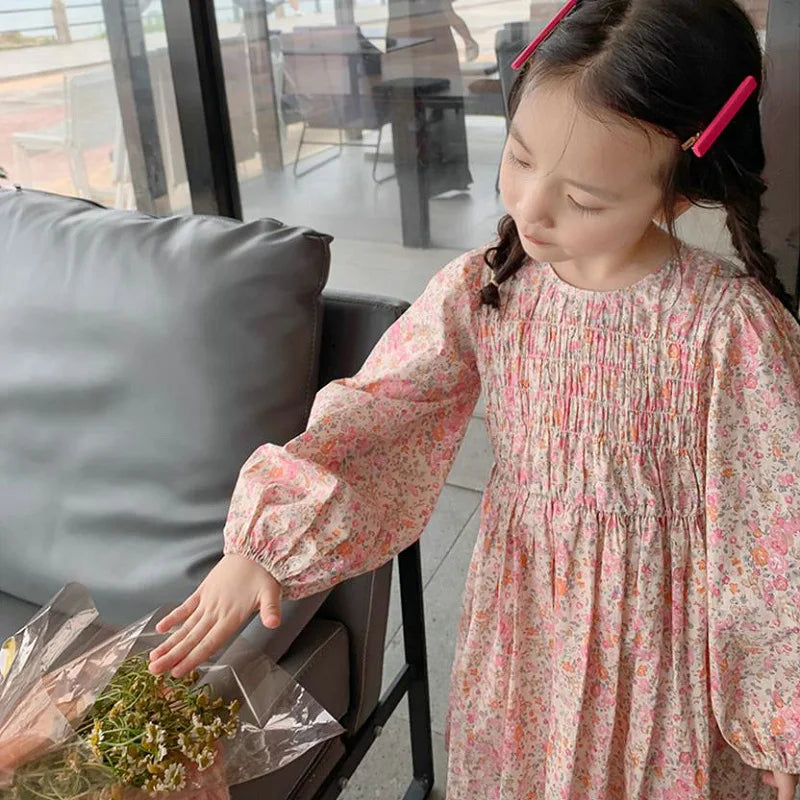 Girls Casual Dresses Floral Crease Sweet Dress Kids Clothes Princess Dress Girls 3 To 7 Years Flower Girl Dresses for Weddings