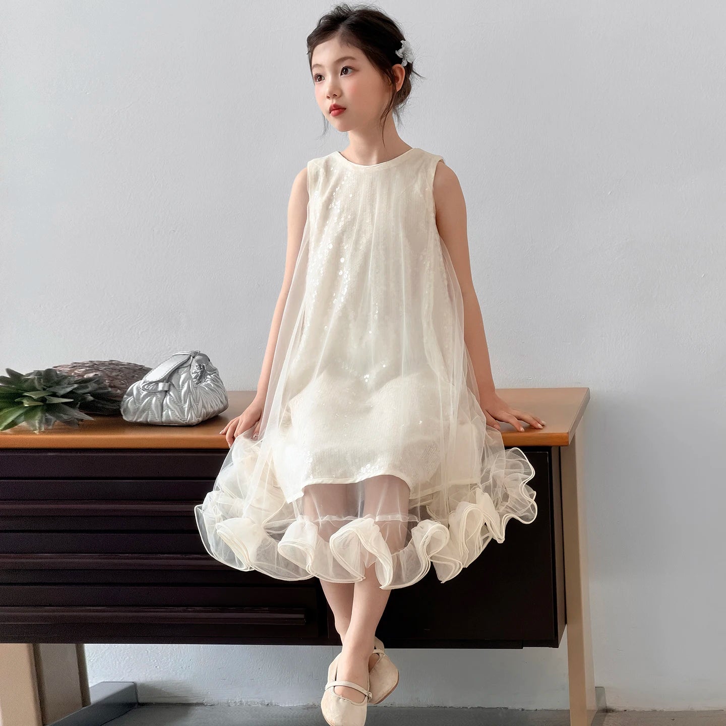 Kids Princess Dresses For Girls White Sleeveless Tulle Ruffle Dress
