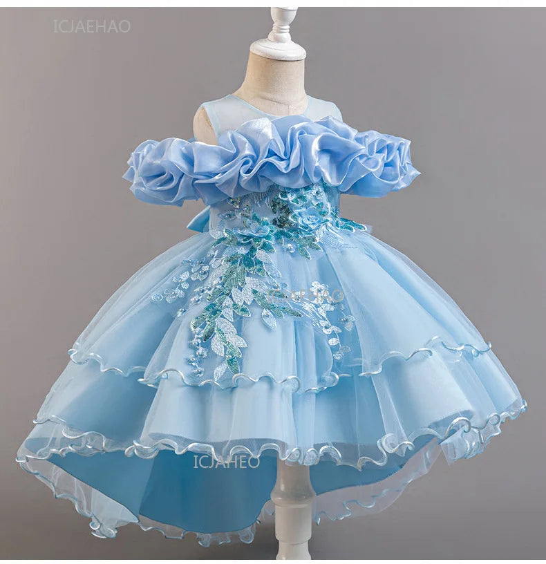 Girls Flower Girl Dress with Train Tulle Princess Gown Christmas Birthday Party Pageant Formal Dresses Kids Children Clothing