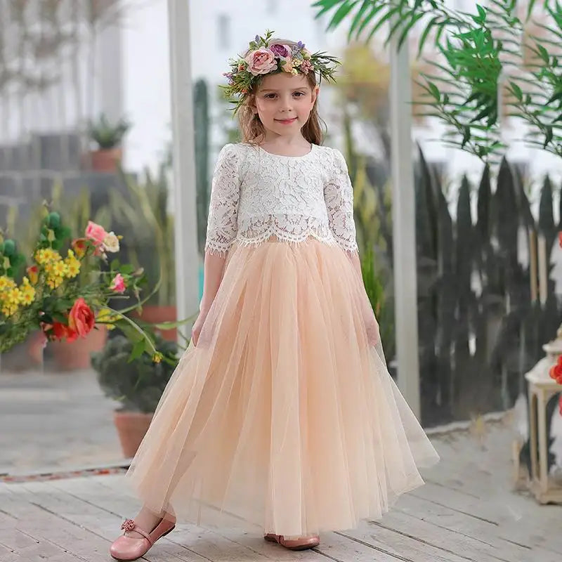 Children Set Clothing for Girls Half Sleeve Lace Top+Champagne Pink Long Skirt dress