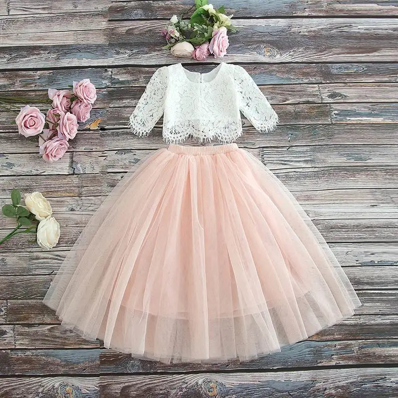 Children Set Clothing for Girls Half Sleeve Lace Top+Champagne Pink Long Skirt dress