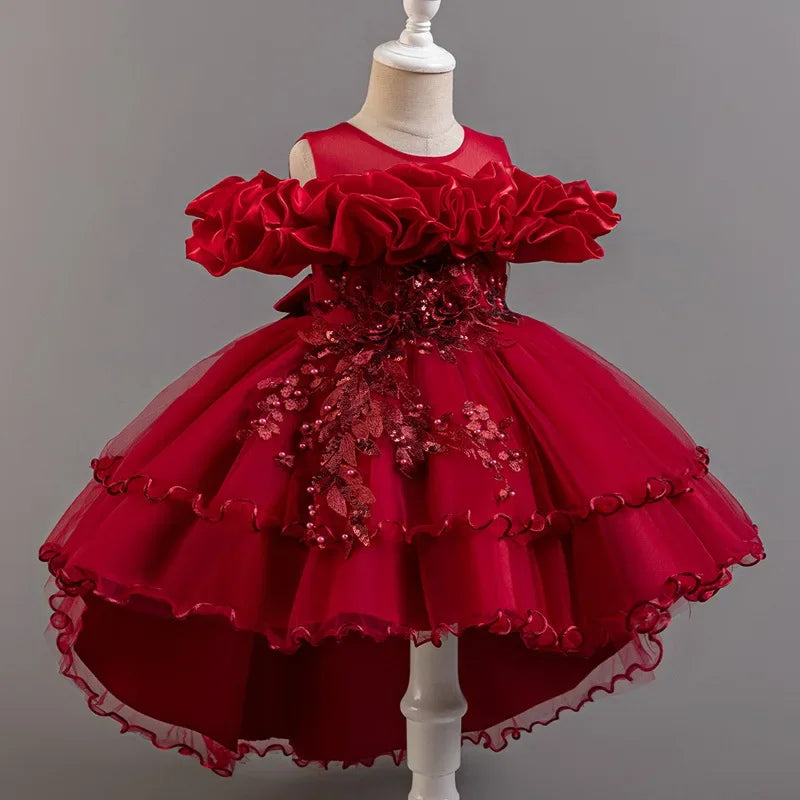 Girls Flower Girl Dress with Train Tulle Princess Gown Christmas Birthday Party Pageant Formal Dresses Kids Children Clothing