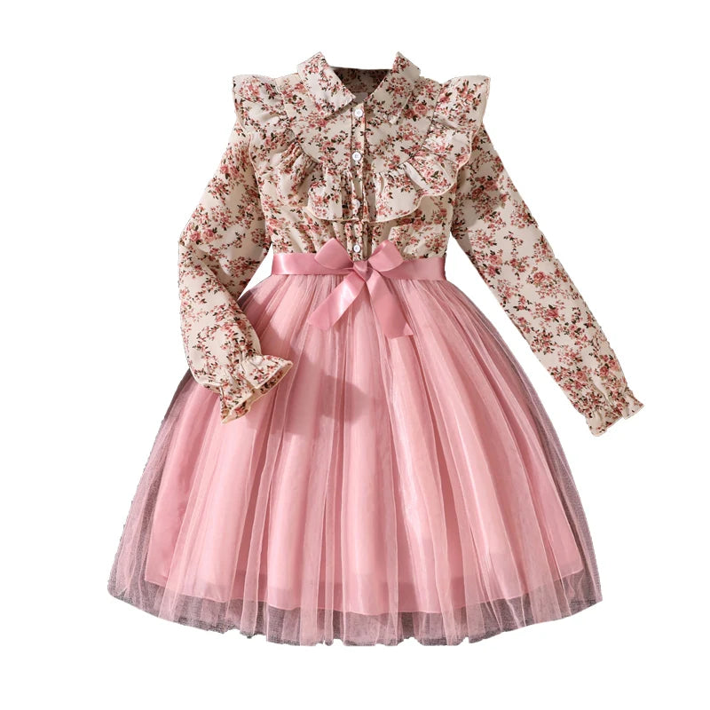Girls' Peasant Style Dress 8-12 Years Floral Print Lapel Pink Mesh Hem Sweet Elegant Dress