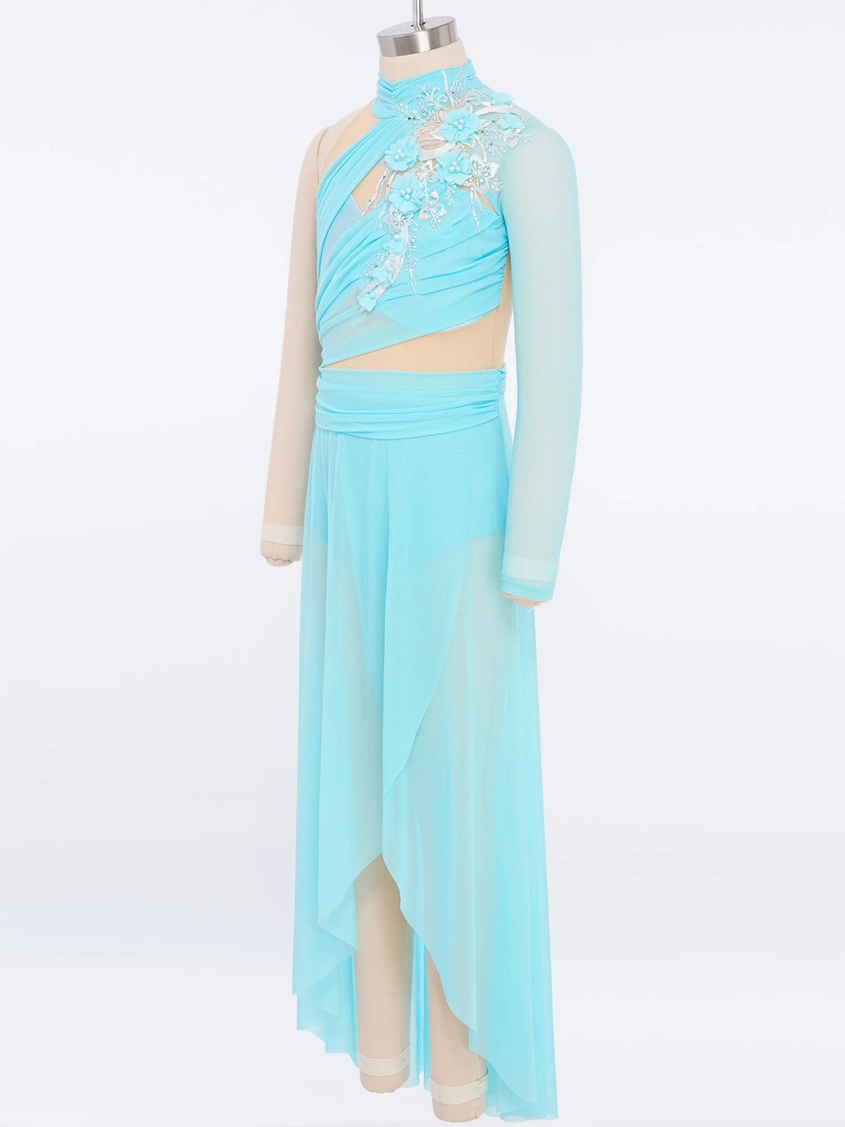 Girls Delicate 3D Flower Lyrical Dance Dress Asymmetrical Ruched Long Dress Gymnastics Modern Dance Clothes Performance Dress