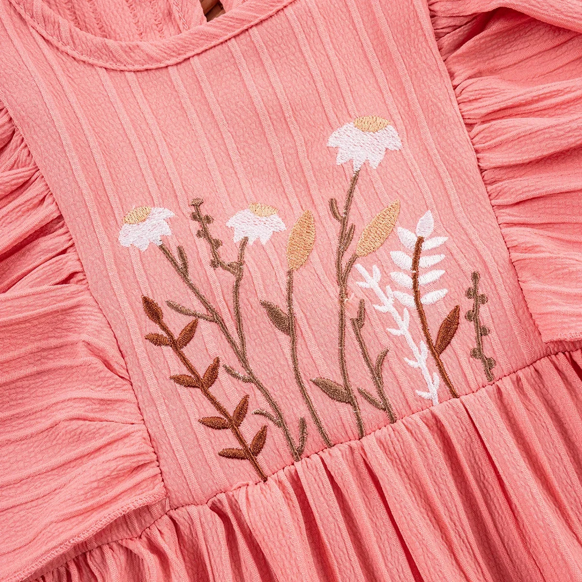 Baby Girls Floral Embroidery Dress Knee-Length with Ruffled Sleeves