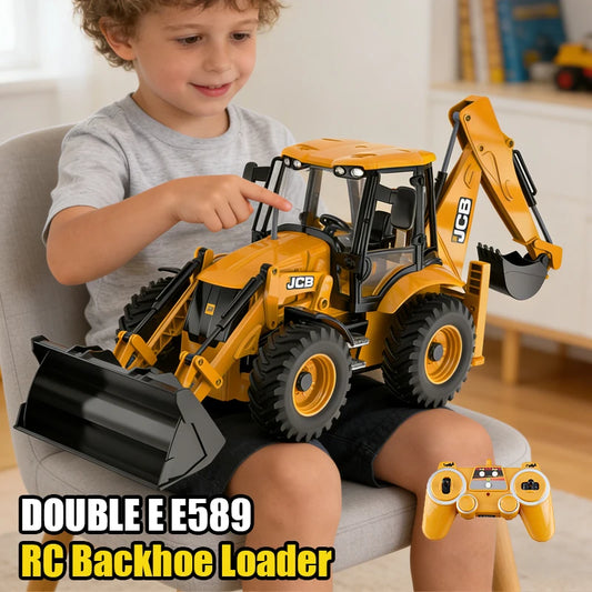 DOUBLE E  RC Backhoe Loader E589 1:20 Excavator Remote Control Car Engineering Vehicle Truck Model Bulldozer Trailer Toy for Boy
