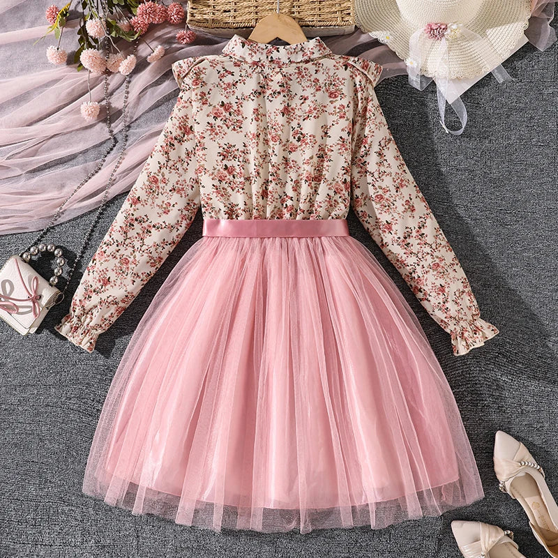 Girls' Peasant Style Dress 8-12 Years Floral Print Lapel Pink Mesh Hem Sweet Elegant Dress