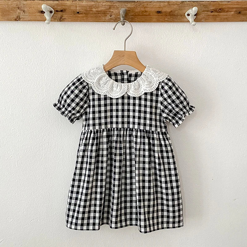Checkered Eyelet Collar Sister Outfit