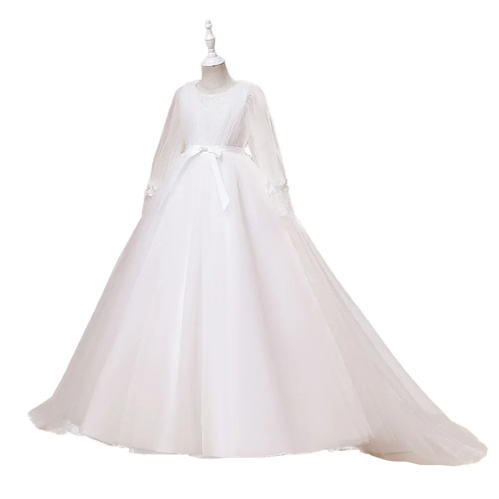 White Bridemaid Girl Dresses Children Costume Bow Lace Pageant Wedding Dress