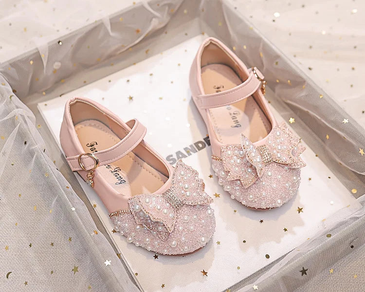 Autumn Fashion Pearl Bow Rhinestone Little Girl Shoes Flat Heels Kids Princess Shoes