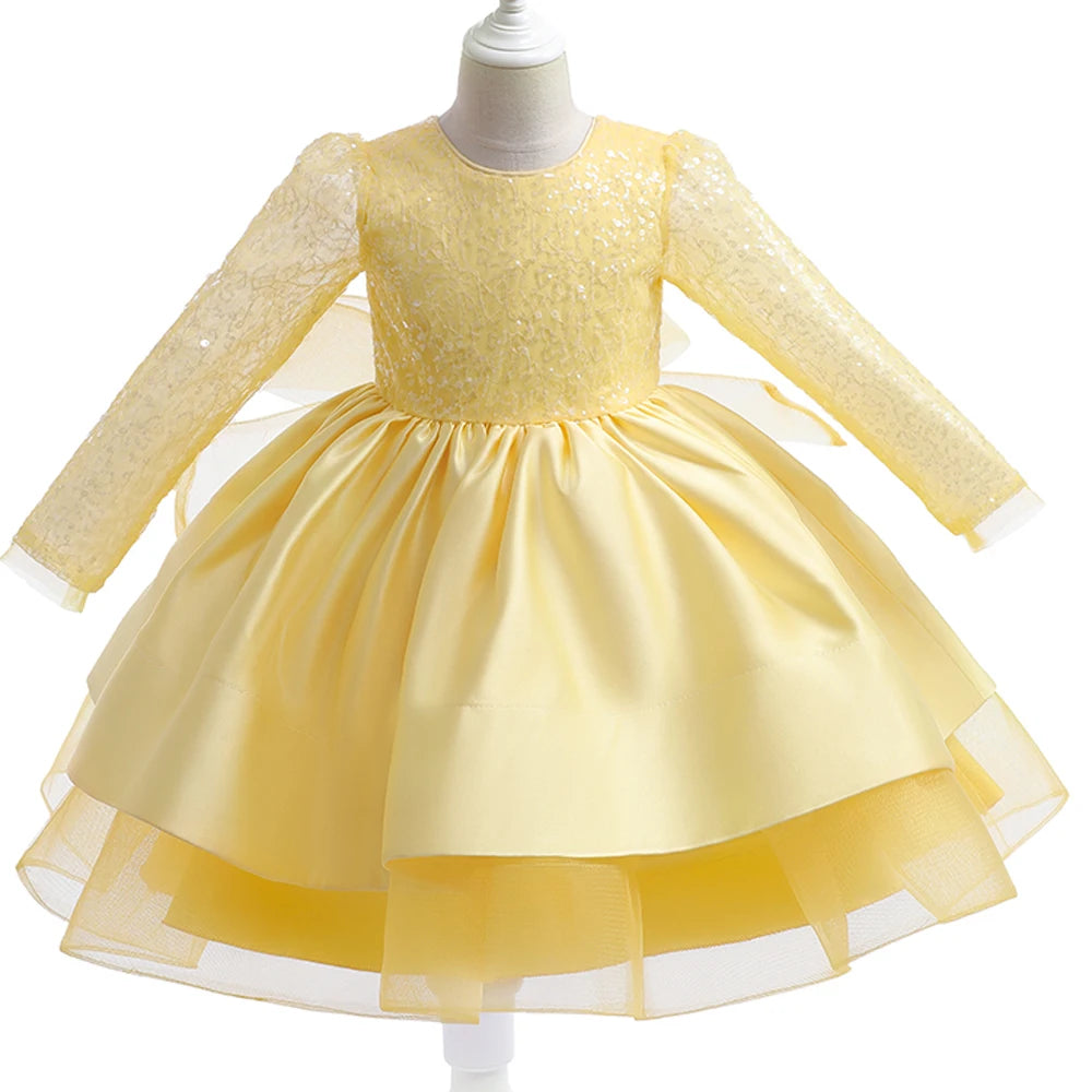Fashion Sequins White Wedding Girls Party Dress Formal Bow Birthday Princess Dress