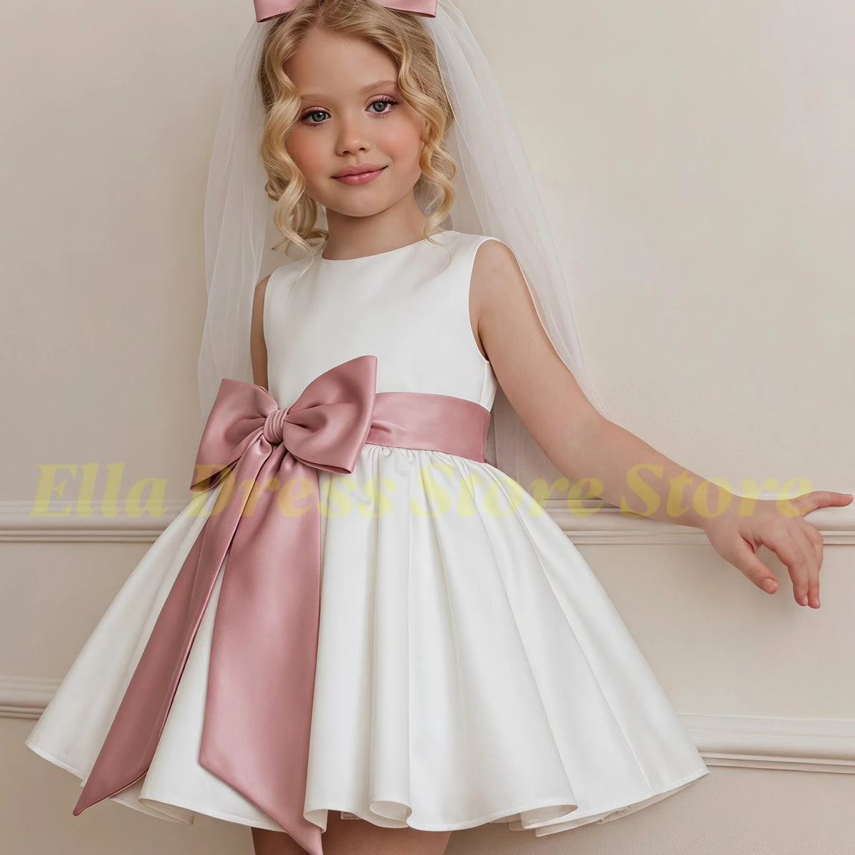 Wholesale Baby Flower Girl Dress with Bows Children Birthday Tribute Silk Satin Formal Vestidos Black Pink Kids Sleeveless Dress