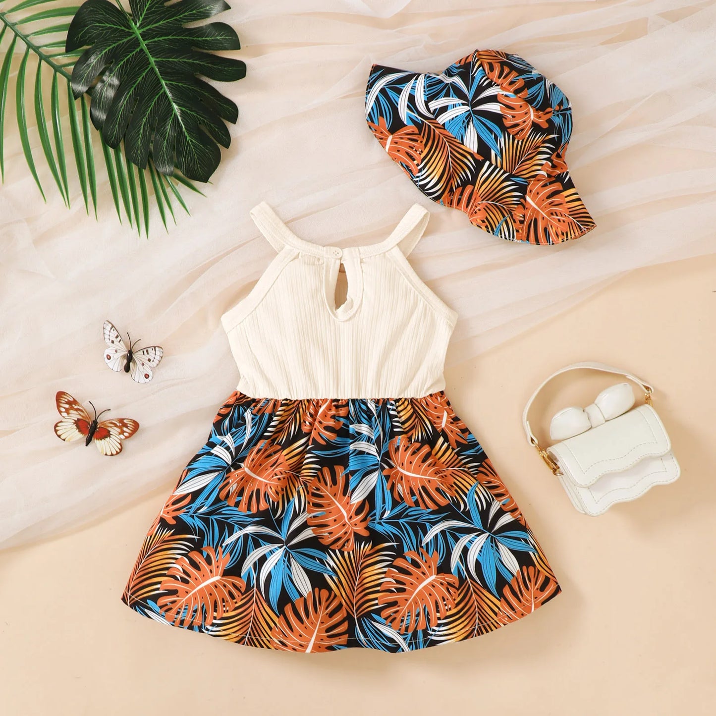 Halo 2Pcs Baby Girl Summer Dress Set with Bow & Hat