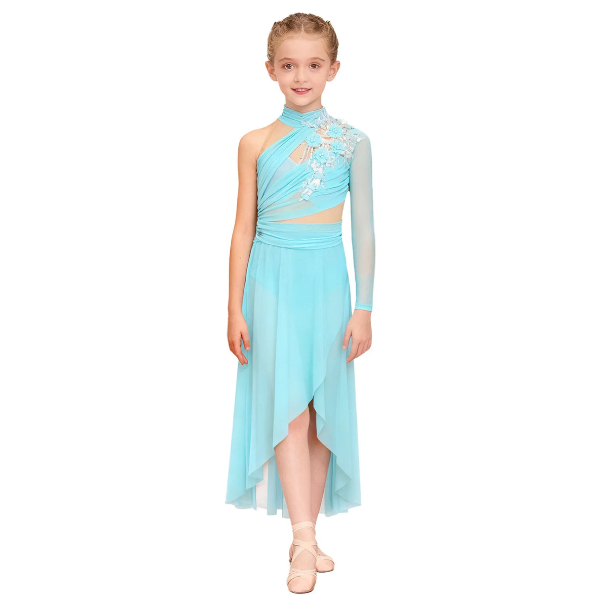 Girls Delicate 3D Flower Lyrical Dance Dress Asymmetrical Ruched Long Dress Gymnastics Modern Dance Clothes Performance Dress